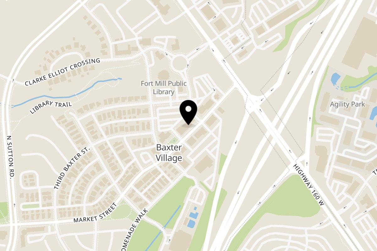 Map showing the location of Dilworth Neighborhood Grille Baxter on 940 Market St in Fort Mill